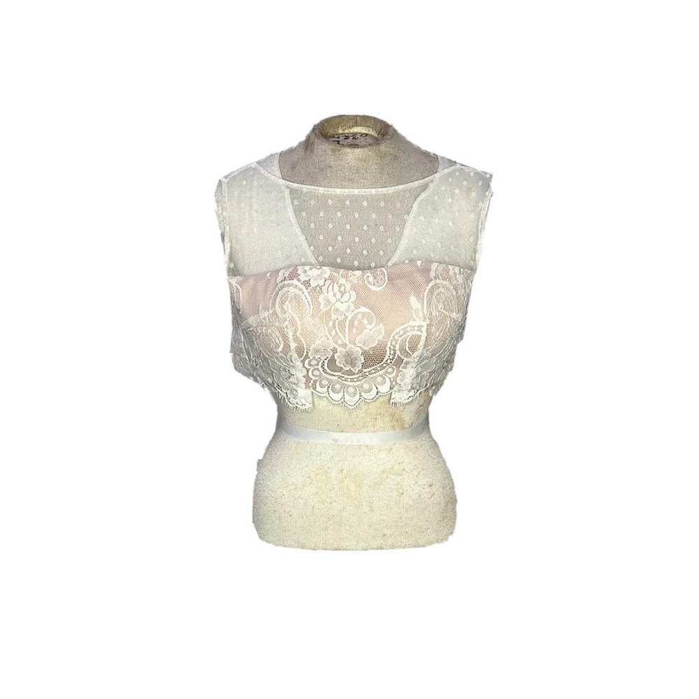 SheriHill |Size0|White Floral Embroidered Formal CropTop /W PaddedPink Underlay‎
